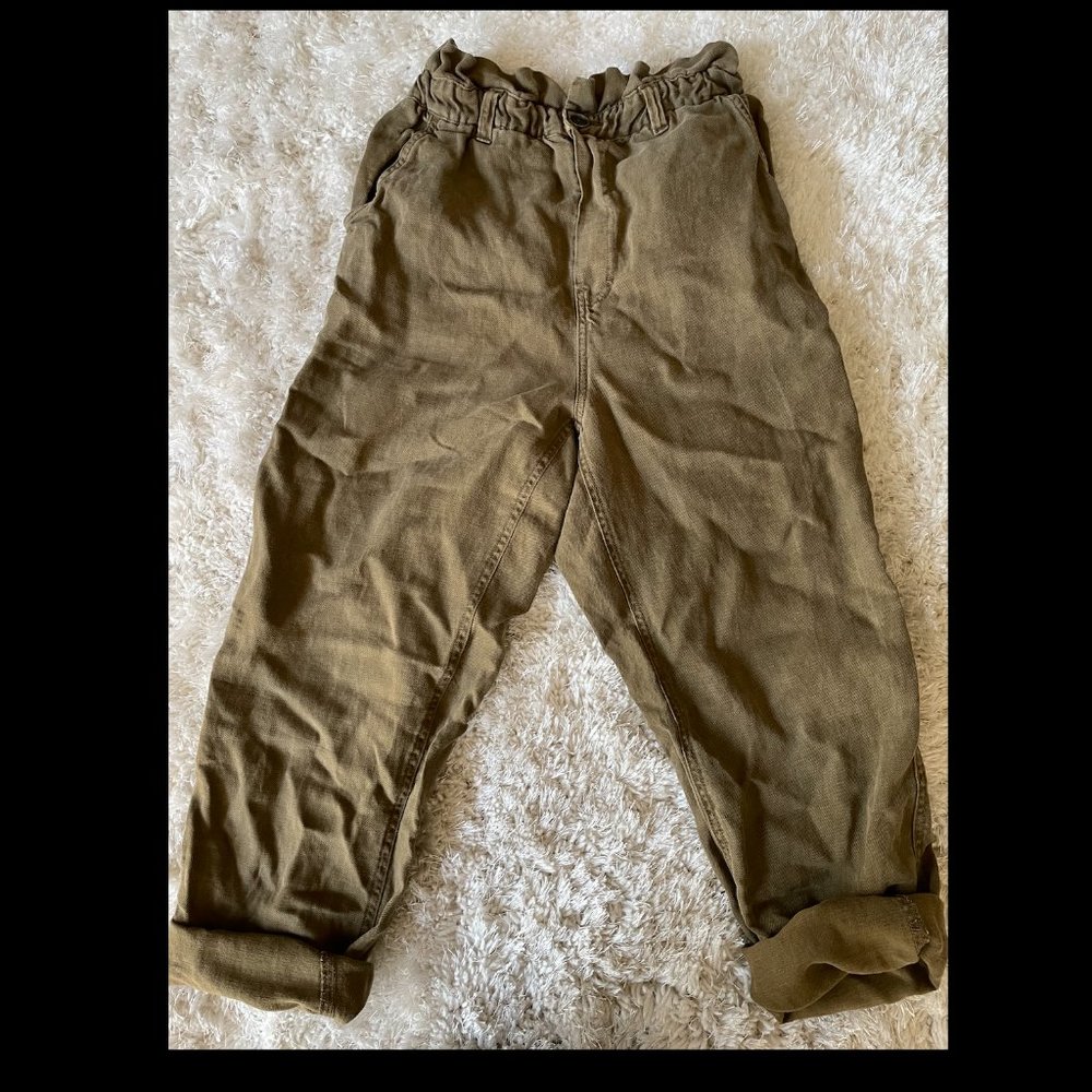 OLIVE GREEN PAPER BAG CROPPED ROOLL UP TROUSERS
